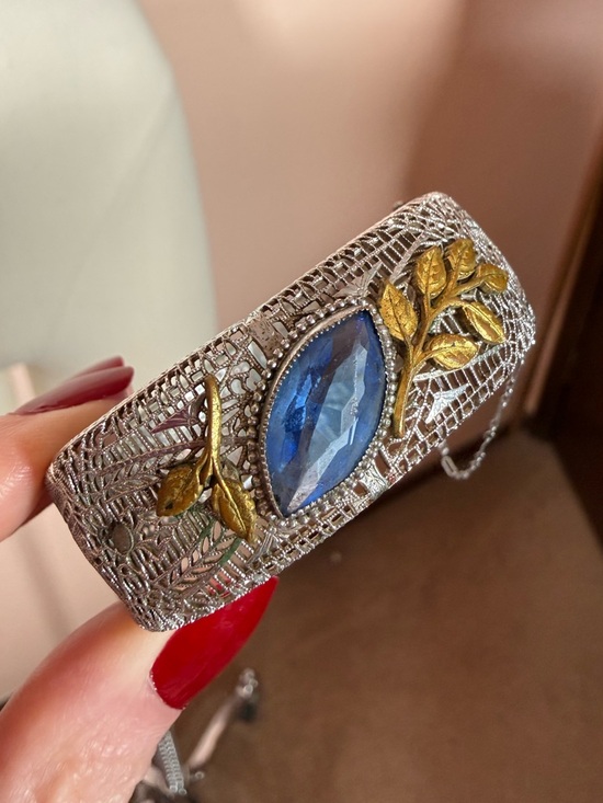 Antique Jewelry - Antique 1920’s Art deco Silver Filagree Pale blue Marquee Glass Wide Bracelet